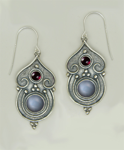 Sterling Silver Gothic Inspired Drop Dangle Earrings With Grey Moonstone And Garnet